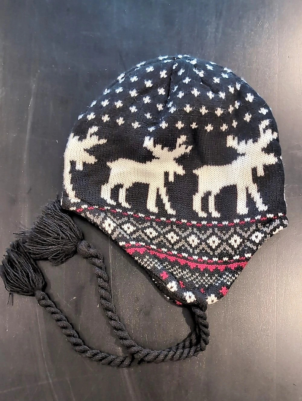 Reindeer Knit Ear Flap Hat Black